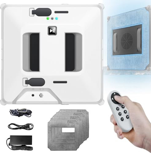 Soflightmok Robot Limpiacristales - Doble PulverizacióN De Agua | MáQuina De Limpieza De Espejos De Cristal Cuadrada 3000pa-Control Remoto/Toallita Seca Y HúMeda/4 PañOs De Limpieza/ 3 Modos,White