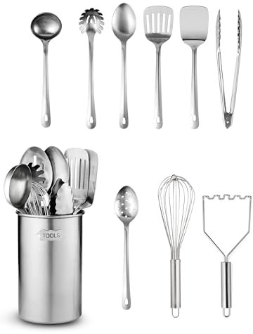 Juego de utensilios de cocina de acero inoxidable, 10 piezas antiadherentes y resistentes al calor con volteador, servidor de espaguetis, cucharón, cucharas de servir, batidor, pinzas, triturador de