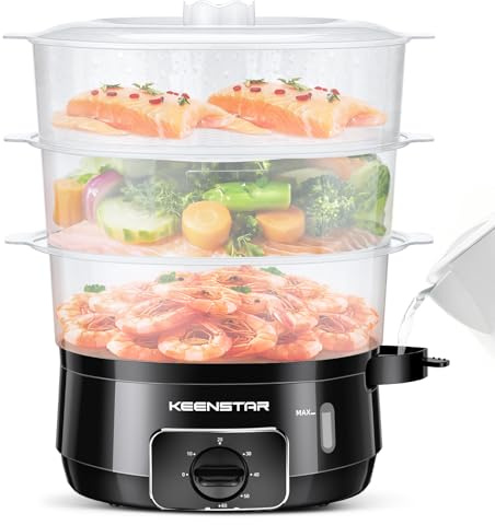 Vaporiera elettrica per cucinare, 13,7 QT a vapore per verdure con 3 ripiani cestini senza BPA, 800 W di cottura rapida simultanea, timer da 60 minuti, ideale per verdure, frutti di mare, riso