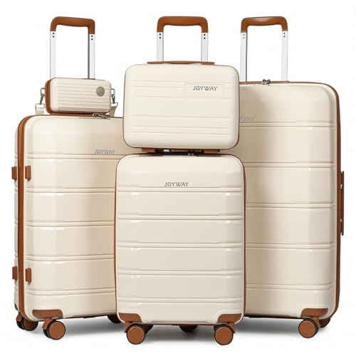 Joyway Juego de Maletas 5 Piezas, Set Equipaje 20/24/28'', Maleta de Cabina Ultraligera con Ruedas Spinner 360°, Cerradura TSA, Incluye Neceser y Bandolera, Familias y Viajes Largos