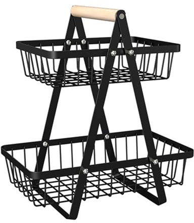 Hikrxya Cesta de Fruta de 2 Niveles - Fruteros de Cocina Negro - Desmontable Soporte Almacenamiento Canasta - Cesta de Frutas de Metal para Frutas Verduras Snacks en Casa Cocina Oficina