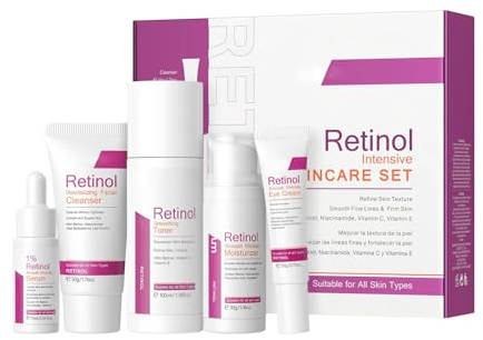 5-en-1 Ensemble de soins de la peau, ensemble, Rétinol cadeau de soins de la peau au lait, Nettoyant, toner, sérum, crème pour les yeux et crème pour le visage
