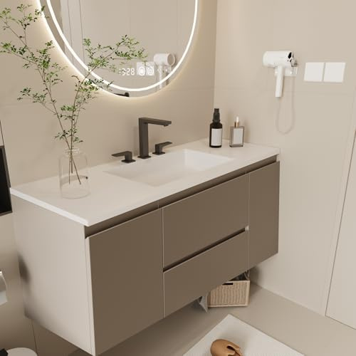 Wall-Mount Bathroom Vanity – Modern Floating Vanity with Soft-Close Drawers, Laminate Doors, Plywood Construction (Roma Clay, 48 Width)