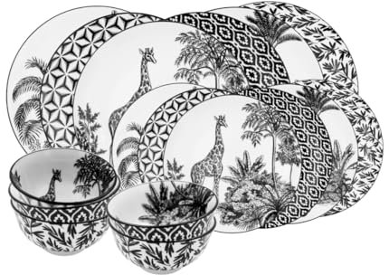Service de Table 18 Pièces en Porcelaine, Noir et Blanc, Motifs Tribaux, 6 Assiettes Plates, 6 Desserts, 6 Bols