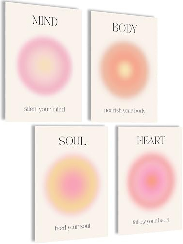 mojoliving Boho Bilder Set Poster Deko Set Bilder Wanddeko Abstrakte Poster Aesthetic Bilderset Yoga Wandbilder Wohnzimmer Blumen (Aura Soul Heart Mind Body, Posterset 4x A4 (21x30cm) | ohne Rahmen)