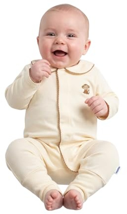 Magnettino Pijama Bebé Cierre Magnético para Cambio Fácil y Práctico, Algodón 100% Orgánico, Color Crema Dibujo Monito, Pies Convertibles para el Frío, Pelele Entero Suave, Talla 18-24 Meses