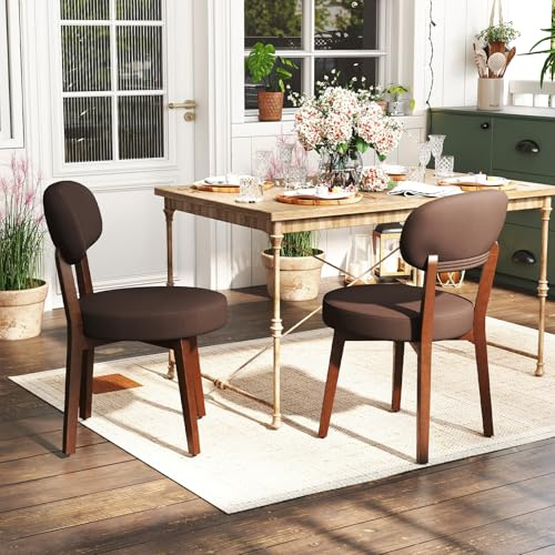 Ckaff Lot de 2 Chaises de Salle à Manger, Chaises de Cuisine en Cuir PU, Fauteuil Salon Rembourrée avec Cadre en Bois Massif pour Salle à Manger Salon Cuisine Jardin, Marron