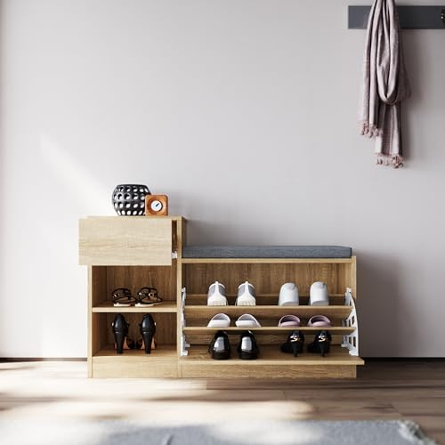 SONNI Schuhbank mit Sitzen, Schuhschrank Holz mit 2 offenen Fächern, Schublade und Klappfach, Kleiner Schuhschrank, Sitzbank mit Schuhstorage, Shoe Cabinet für Flur & Eingangsbereich, 94.5x30x57cm.