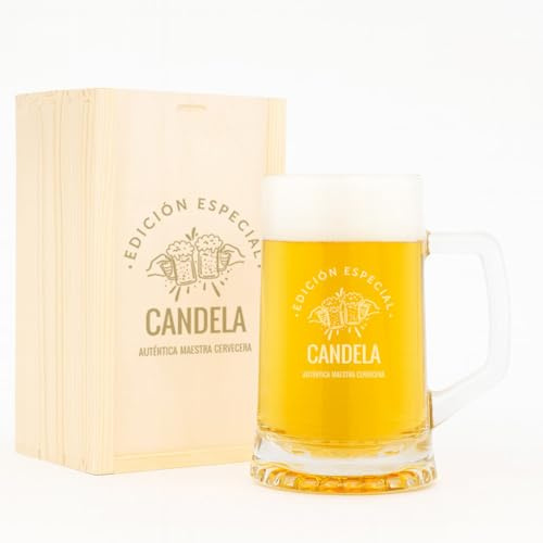 CALLE DEL REGALO Jarra de Cerveza de Cristal, Edición Especial, Diseño Clásico con Asa | JARRA 510 ml | Personalizada con nombre (Con caja de madera grabada)
