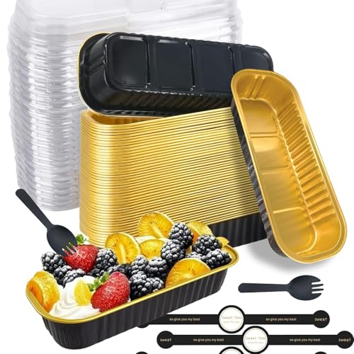 Junfete Mini Loaf Tins with Lids and Spoons 200ml Mini Loaf Cake Cases Cupcake Cases for Baking Aluminum Foil Baking Pans (50, Black)