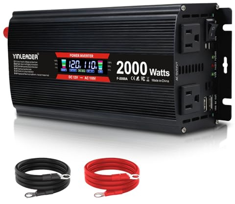 2000 watt Inverter 12V to 110V/120V, dc to ac Inverter 2000W with Intelligent LCD Display Dual AC Outlets Dual USB Charging Port for RV Truck Laptop (Black)