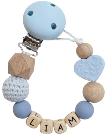 Glücksperle Schnullerband mit Namen für Mädchen & Jungen personalisierte Baby Geschenke mehrere Modellen & Farben (Blau)