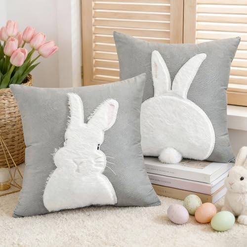 Shengruili 2 Stück Kissenbezüge Osterhase,Ostern Deko Hase Kissenhülle 45x45cm,Osterhase Samt Kissenbezüge mit Schwanz,Kissen KissenhülleOstern Dekoration,Osterdeko Kissenbezug