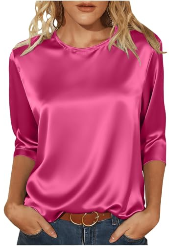 Hot Pink Women Satin Tops Casual Crewneck Silk Party Blouse Fashion Solid 3/4 Sleeve Tunic Shirts Elegant Comfy Pleated Shirt Happy New Year Clothes Satin Blouse L