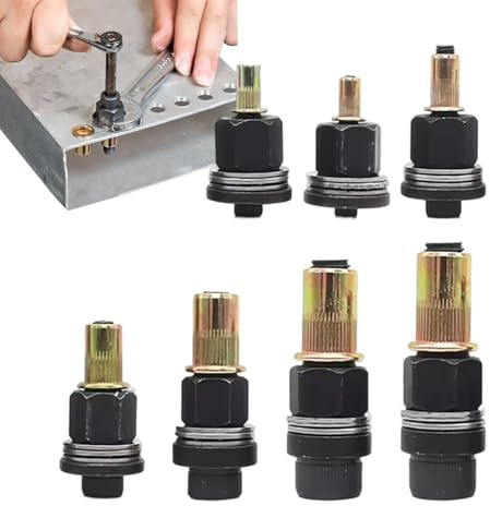 Rivet Nut Tool Kit - 7-Piece Carbon Steel Drill Attachment for Workshops Warehouses Automotive Repair | Nutsert Installation Set with Multiple Sizes, Fasteners and Wrench, Ideal for Shelving Fixtures