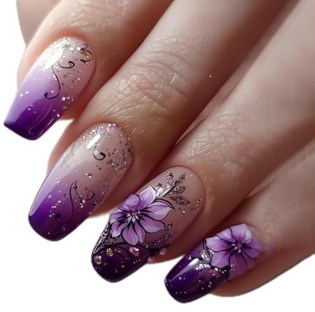 Aribliseza Lilac Nails, 24 Piece Press-On Nails, Fake Nails, Stick-On French Nails, Long Square Artificial Nails with Flowers for Spring Summer