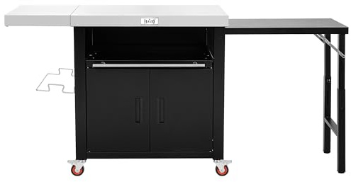 Feasto Grill Cart with Cabinet, Folding Extension Table | Stainless Steel Table Top & Side Table | Pull-Out Plate, Large Work Surface Prep Table for Pizza Oven & Outdoor Kitchen, 188x65x92 cm