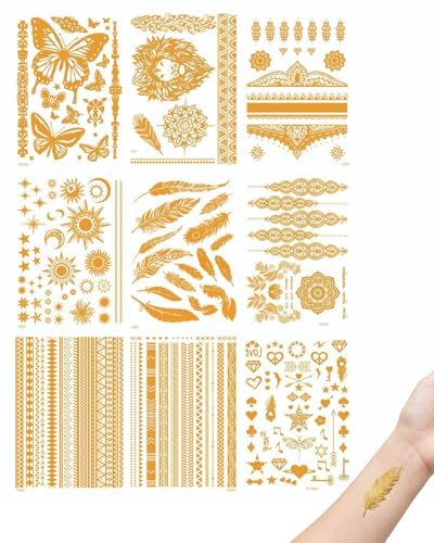 UEAVOID Tatuaggi Temporanei Oro 9 Fogli Metallici, Impermeabili Lunga Durata per Donna Adulti, Tatuaggi Finti per Festival, Carnevale e Feste. Facili da Applicare.