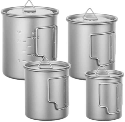 Dolltobe Set de 4 mugs de camping en titane pur, avec couvercles, parois doubles, 200 ml, 300 ml, 450 ml et 750 ml, léger et portable pour randonnée itinérante, voyage et cuisine en extérieur