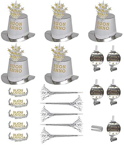 W WIDMANN MILANO Party Fashion - Silvester Party Set 21-teilig | 5 Partyhüte, 5 Kronen, 5 Partytrompeten, 5 Tröten und Luftschlangen für Silvester und Mottoparty