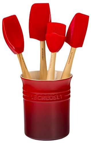 Le Creuset Set de 4 espátulas y bote para espátulas de cerámica de gres, 1.1 L, Cereza, 91057001060000