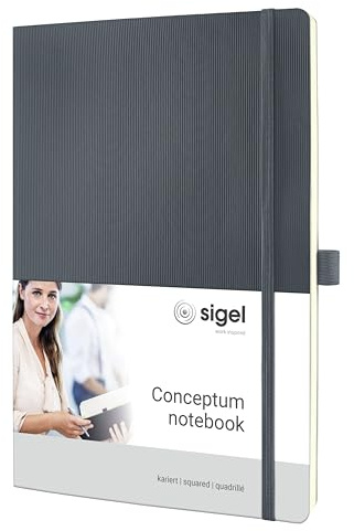 Sigel Conceptum Premium Notizbuch A4 kariert grau Softcover | CO318, 194 nummerierte Seiten mit Inhaltsverzeichnis, Falttasche und Stiftschlaufe