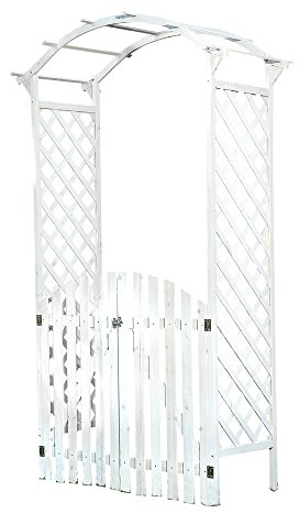 Melko Rosenbogen aus Holz Weiß Rankgitter Laubengang Torbogen mit Tor Halbbogen Spalier Rankhilfe für Kletterpflanzen Gartenbogen Pergola