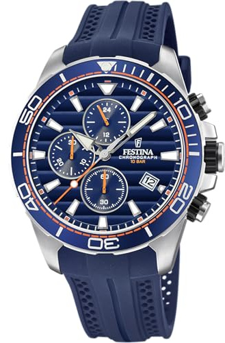Festina Reloj Hombre Analógico de Caucho Azul - Movimiento de Cuarzo Reloj Deportivo Hombre - Cronógrafo - Calendario - Cristal Mineral Resistente - Resistente al Agua 10 ATM F20370/1 Special Prices