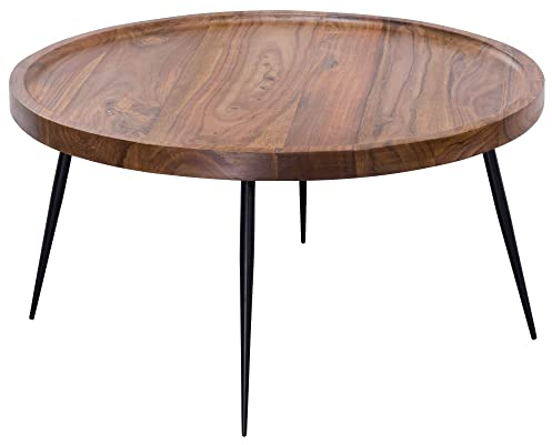 FineBuy Couchtisch 75x39x75 cm Sheesham Massivholz/Metall Sofatisch, Design Wohnzimmertisch rund, Stubentisch Retro braun, Designer Holztisch Kaffeetisch massiv, Tisch Wohnzimmer