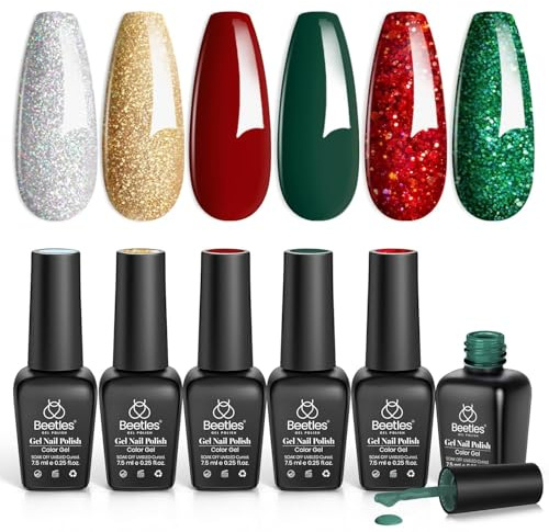 Beetles Christmas Gel Nail Polish Set, Glitter Green Red Gold Silver Dark Dark Red Gel Polish Set Soak Off UV Nail Lamp LED Cured Nail Art Design Gel Nail Kit Christmas Gifts for Women