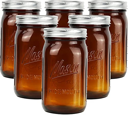 Polytun 32 oz Wide Mouth Amber Glass Mason Jars (6 Pack) - BPA Free, Air Tight, Leak Resistant - Quart Mason Jars for Canning, Storing Food, Spices, and Meal Prep