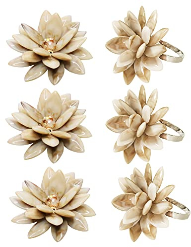 FEKIDO Marble Napkin Rings Set of 6, Succulent Beige Shell Flower Ring Napkin Holder, Bohu Rustic Coastal Table Decoration for Family Gathering, Thanksgiving Day, Christmas Day Kitchen Table Decor