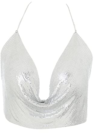 IYOU Luccichio Metallo Catena del Corpo Paillettes Veste Top Corto Profondo V Catena Capestro Senza Schienale Canotta Discoteca Festa Corpo Imbracatura Accessori per Donne (Argento)