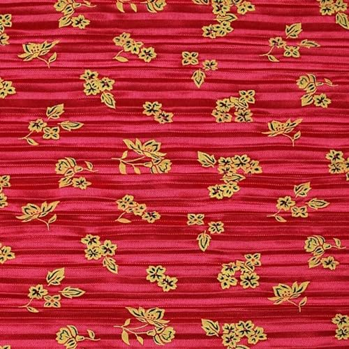 Plissee-Satin-Stoff mit orientalischem Blumenmuster, Plissee-Satin-Kleiderstoff, 1 m, Kirschrot / Metallic Gold 5444)