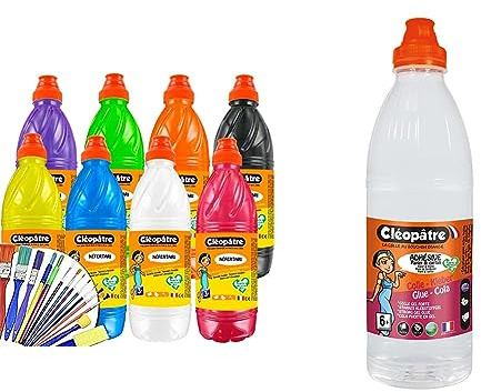 Cléopâtre PGBB1X8+260161-Lot de 8 flacons de Gouache de 1L + Lot de 25 pinceaux et brosses Ecole, Multi, 15x10x5 & AD1L - Flacon de Recharge de Colle transparente forte 1 L