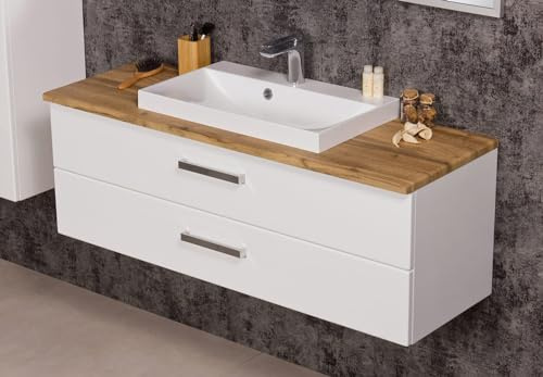 Quentis Badmöbelset Susan Breite 120 cm, Waschbecken mit vormontiertem Waschbeckenunterschrank, 2 Softclose Schubladen, weiß glänzend/Eiche Natur
