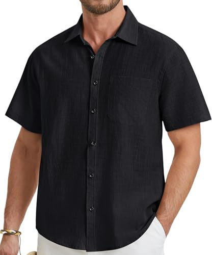 HISDERN Camisa Negro Lino Hombre Manga Corta Verano Informales Camisa Suelta de Ocio de Color Sólido con Botónes Top con Bolsillo Regualr Fit XXL
