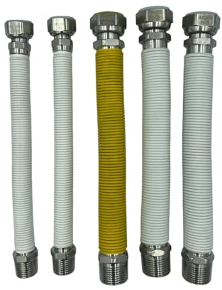 HM | Kit Installazione Caldaia con 5 Tubi Flessibili Inox 220–420mm | Attacchi MF per Acqua e Gas | Versione Nuda o Rivestita | Guarnizioni Incluse (Rivestito – Attacco Gas 3/4)