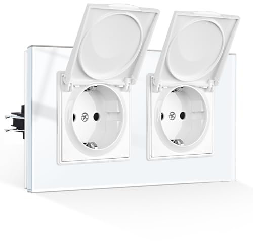 CNBINGO Enchufe Doble Impermeable con Tapa Plegable, Schuko Enchufe Empotrado con Garras, Tapa, Cristal Blanco, Enchufe Protector, 1 Pliegue, 16 A, 250 V