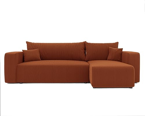 Ecksofa mit Schlaffunktion und Bettkasten 248 x 145 cm Ziegelrot | 248 x 145 x 79 cm, Kiefernholz und MDF, Hoher Sitzkomfort, Wohnen und Schlafen, Integrierter Bettkasten