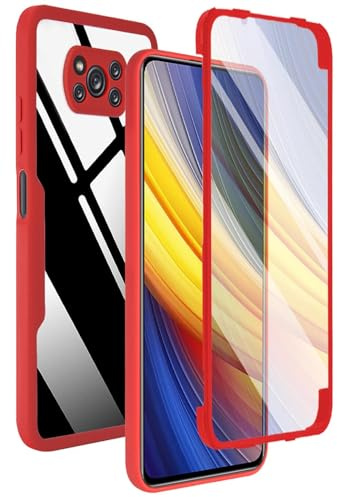 ILING Transparente Funda para Xiaomi Poco X3 Pro/Poco X3 NFC, Moda Ultradelgado Antigolpes Carcasa con Protector de Pantalla Incorporado, Dura PC + Silicona TPU Bumper Cubierta (Rojo)