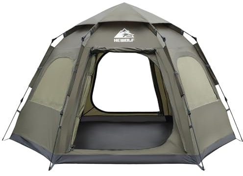 HEWOLF 2-4 Person Camping Pop Up Tent Waterproof 60 Second Easy Quick Setup 4 Season Dome Tent Unique Hexagonal Design for Family Camping & Hiking