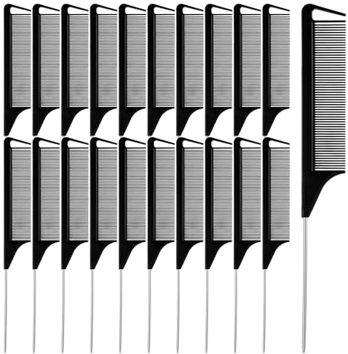 cobee 20 Stück Stielkamm Friseur, Neckerei Kämme mit Metallstiftgriff Haarkämme Friseur Lockenkamm Rattenschwanzkämme langer Scheitelkamm mit Metallstiftgriff schwarzer für lockiges Styling