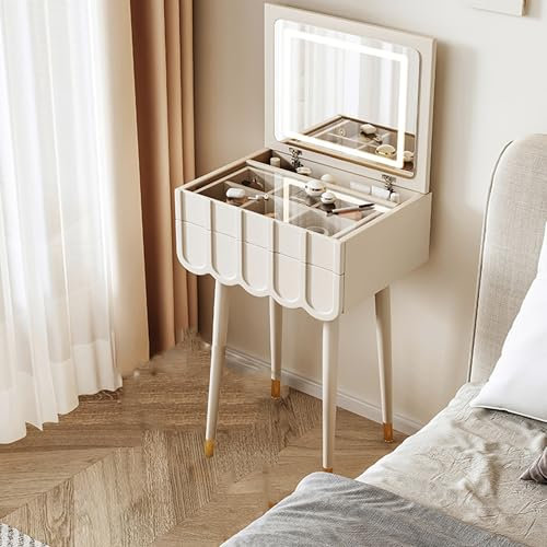Ernqi Schminktisch mit Beleuchtung, integrierte Klappplatte, platzsparendes Design, umweltfreundliche E1-Materialien, geräuschlose Gleitschienen, Schminktisch mit bequemem Stuhl (White,A_19.7IN)