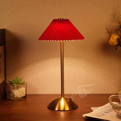 HyDlan LED Tischleuchte Kabellos Touch Dimmbar 3 Farbtemperatur Nachttischlampe, Akku Tischlampe Aufladbar, Metallmaterial, Für geeignet Restaurant, Lesen Schlafzimmer, Kaffeehaus (Rot A)