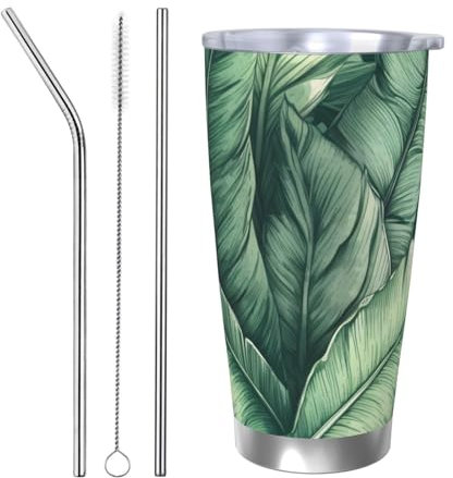 Mexpekil Isolierter Reisebecher, Eiskaffeetasse, Reisebecher, Edelstahl, Smoothie-Tasse, Auto-Kaffeetasse, tropischer Dschungel, Becher mit Strohhalm und Deckel, 590 ml