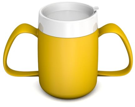 Ornamin 2-Henkel-Becher Pflegebecher mit Trinkaufsatz für Senioren & Pflegebedarf | gelb | Trinkbecher | Trinkhilfe | Schnabelbecher | Ergonomischer Becher