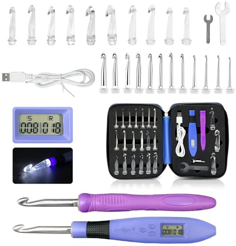 virkning krok set LED med räknare, 22-i-1 skiftnyckel, reservkrok handtag och förvaringsväska (utbytbar krok huvudstorlek 2,0-14,0 mm)