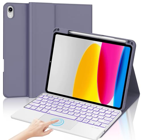 Funda Teclado para iPad A16 11 Generación 2025/10 Gen 2022 11/10.9 Pulgadas | Touchpad Retroiluminado 7 Colores QWERTY Español Ñ, Bluetooth Magnético Desmontable Teclado con Portalápices, Violeta gris