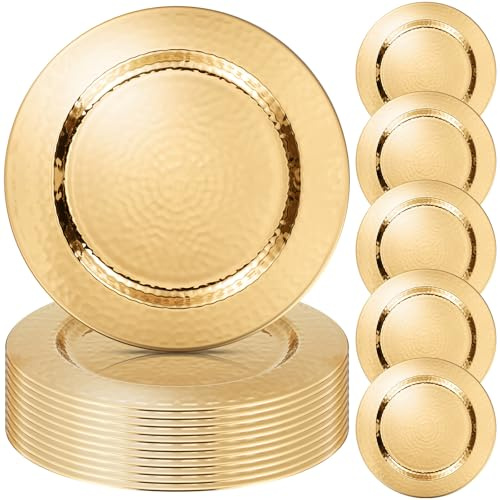 FillTouch Platzteller, Edelstahl, goldfarben, 33 cm, 12 Stück | Runde Teller für den Esstisch, eleganter gehämmerter Rand, Hochzeitsfeier, Catering, dekoratives Essgeschirr Basisschicht